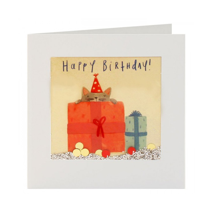 Biglietto d'Auguri con brillantini - Gatto nel regalo
